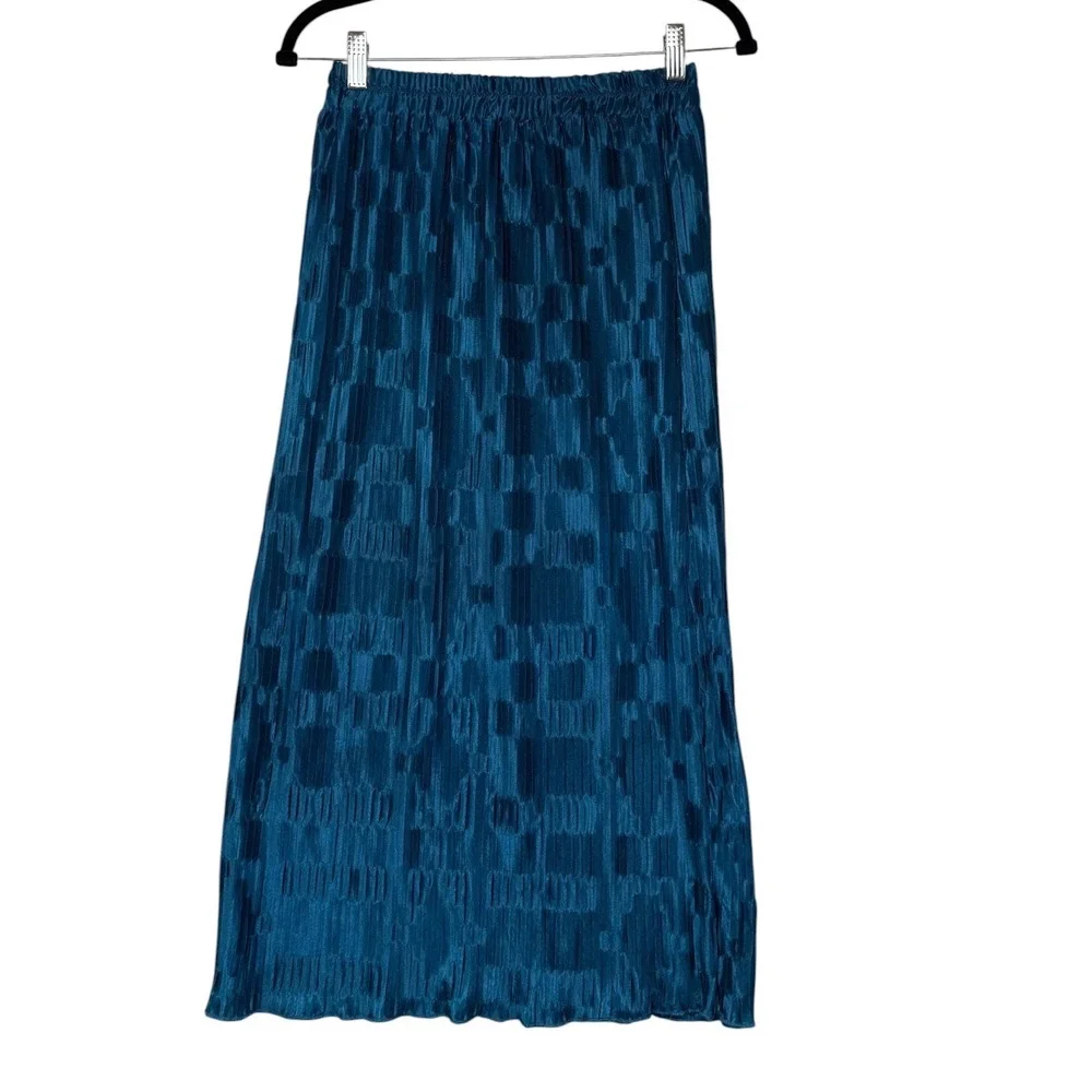Cider Happy Hour Teal Blue Pleated Satin Midi Skirt Boho Feminine Womens Med NEW